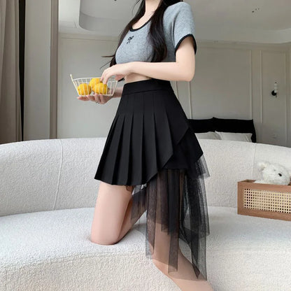 Mesh Patchwork Pleated Skirts Women High Waist Fashion Slim Sexy Mini Skirt Korean Sweet Preppy Style Spring Summer A Line Skirt
