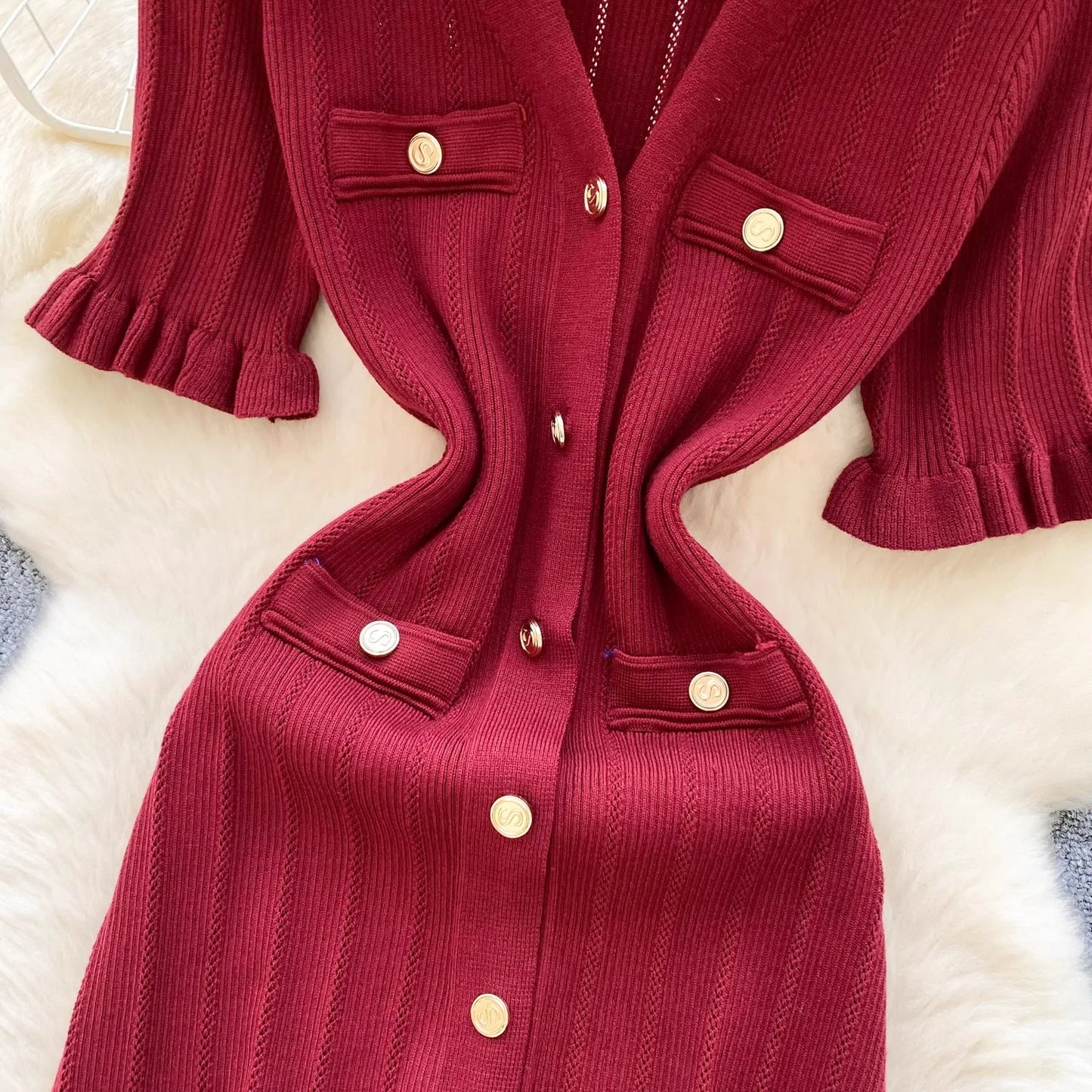 Brand Fashion Vintage Knitted Long Dress Spring Summer Women Elegant V-neck Ruffled Bodycon Sweater Dress Party Vestido