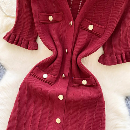 Brand Fashion Vintage Knitted Long Dress Spring Summer Women Elegant V-neck Ruffled Bodycon Sweater Dress Party Vestido