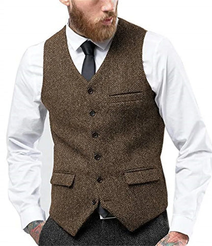 Herringbone Vest for Men Wool Tweed Waistcoat for Groom Groomsman Formal Single Breasted Males Plus Size Dress Suit Vest