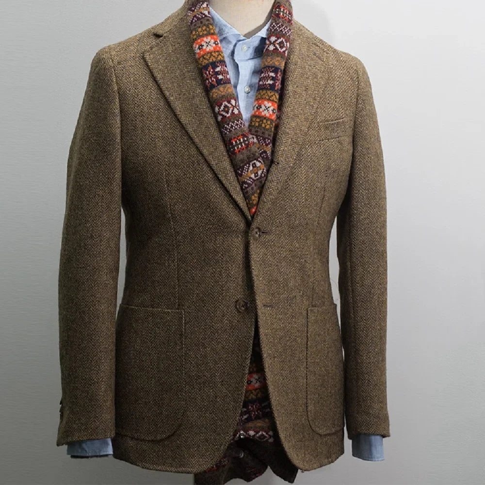 Men's Suit Herringbone Blazer Prom Tuxedos Wool Tweed Single Breasted Formal Bussiness/Wedding Jacket（Only Coat）