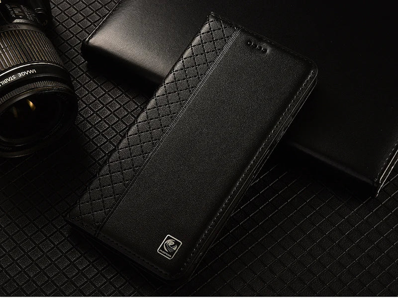 For APPLE iPhone 17 16 16E 15 14 Pro Max Air Plus Flip Case Grid Pattern Magnetic Cover Cowhide Genuine Leather Wallet Covers