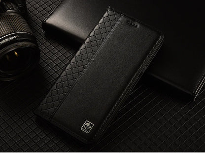 For APPLE iPhone 17 16 16E 15 14 Pro Max Air Plus Flip Case Grid Pattern Magnetic Cover Cowhide Genuine Leather Wallet Covers
