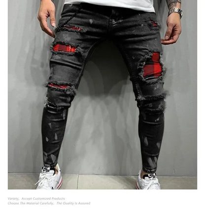 2025 Jeans Pencil Pants Holes Distressed Men Streetwear Denims Patchwork Mid Waist Slim Fit Washed Denim Ankle Length Trousers