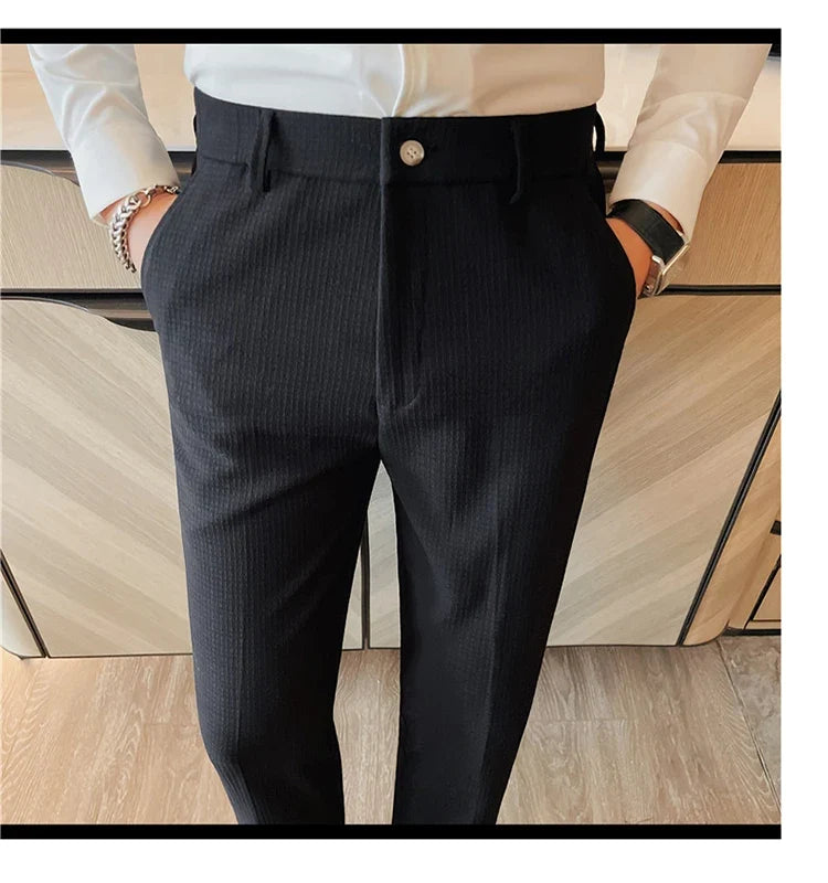 Men's Waffle Casual Pants Fashion Korean Stretch Waist Business Formal Pants Mens Social Party Suit Pants Streetwear Pencil Pant