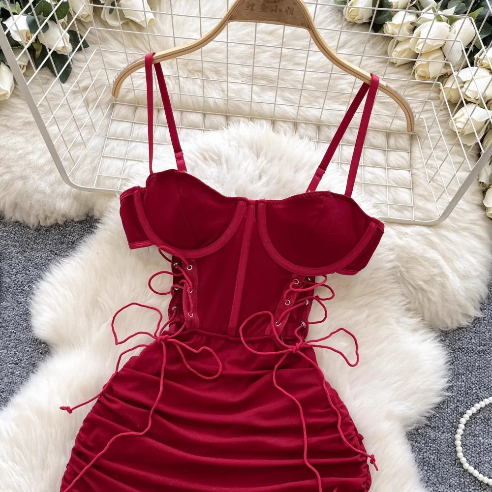 Ins Sexy Hollow Out Sling Dress with Exposed Waist Bandage Pleated Slim Fit Bodyocn Girl's Photo Date Short Dress