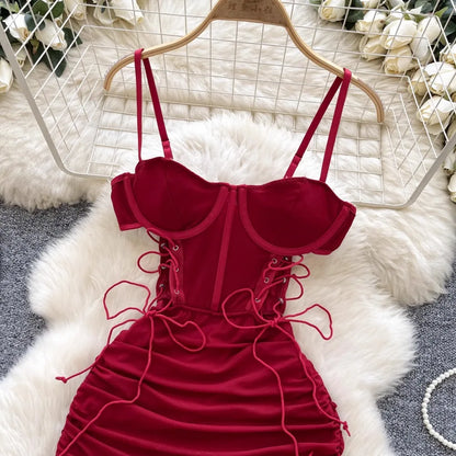 Ins Sexy Hollow Out Sling Dress with Exposed Waist Bandage Pleated Slim Fit Bodyocn Girl's Photo Date Short Dress