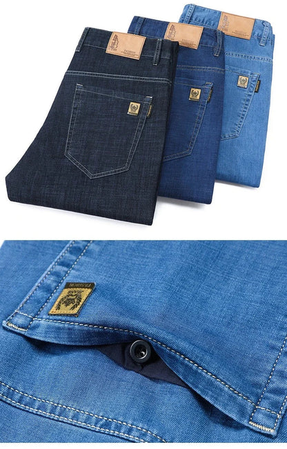 Men's Ice Silk Jeans Summer New Lyocell Thin Business Casual Denim Pants Classic All Match Slim Fit Straight Elastic Jean Male