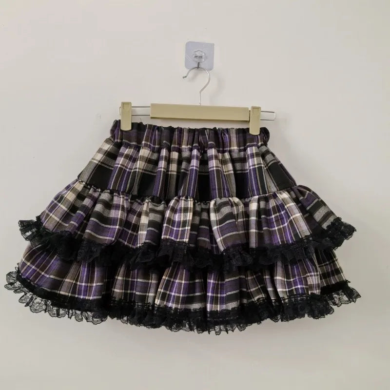 Y2k Harajuku Gothic Lolita Kawaii Plaid Mini Skirts Women Punk Vintage Lace Cake Skirt Subculture Fashion Ball Gown Short Skirts