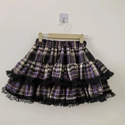 Y2k Harajuku Gothic Lolita Kawaii Plaid Mini Skirts Women Punk Vintage Lace Cake Skirt Subculture Fashion Ball Gown Short Skirts