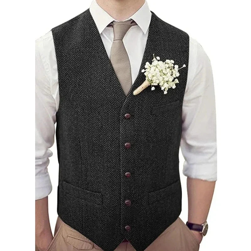 Men Vest Silver Herringbone V Neck Single Button Waistcoat For Wedding Banquet Birthday Business Casual Work Men Suit