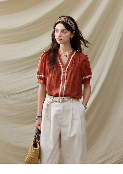 French New Blouses Women Summer New 2025 Short Sleeve V-neck Color Matching Shirts Female Fashion Lazy Style MXE31X1766