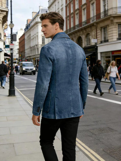Men‘s Casual Denim Blazer Notch Lapel Jean Jacket Lightweight Stretch Suit Sport Coat with Pockets