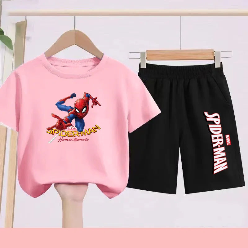2026 Children's Sports Outfit with Spider Pattern Cartoon Print - T-shirt + Shorts Set, Suitable for Children Aged 3 To 13.