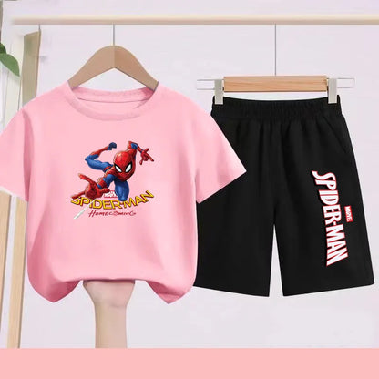 2026 Children's Sports Outfit with Spider Pattern Cartoon Print - T-shirt + Shorts Set, Suitable for Children Aged 3 To 13.