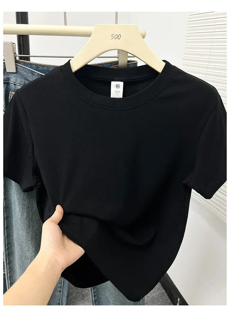 2026 Summer New High Quality Casual Plus Size T Shirt Sexy Short Sleeved Sleeves Fashion Trend Solid Women Clothing Y2k Tops