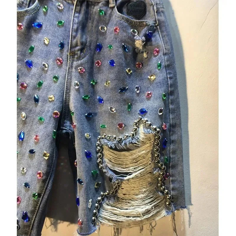 2025 Summer Short Pants High Waist Jeans Hole Shorts Women Stretch Distressed Washed Diamonds Streetwear Straight Denims