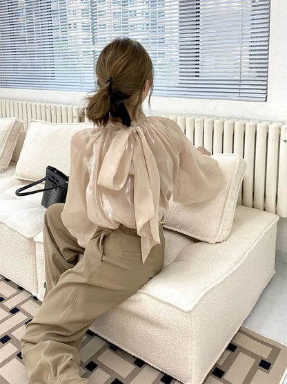 Spring Autumn Women Fashion Tops New Shirts Lantern Sleeve Stand Collar Solid Casual Vintage Elegant Temperament Long-Sleeved