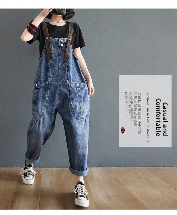 Anti-Aging High Waist Loose Women's Denim Overalls Korean Sle Summer Faion Thinming Harem Nine-Piece Pants