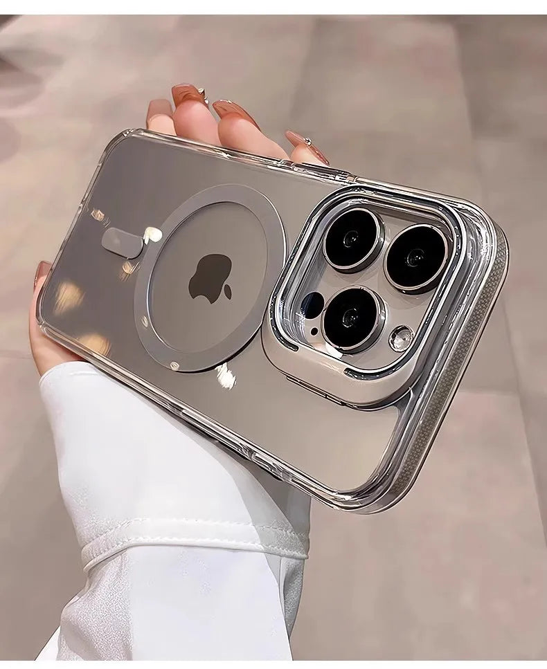 Luxury Lens Holder Shockproof Magnetic Case For iPhone 16 15 14 Plus 13 12 17 Pro Max 17Air 16e Magsafe Fashion Clear Cover