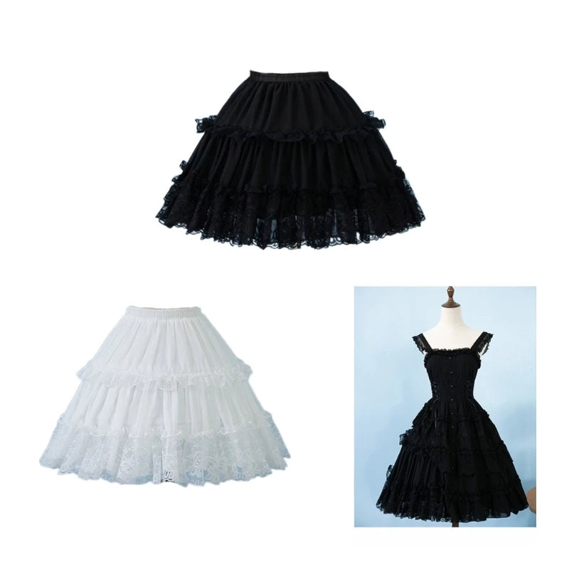 Womens Elastic Waist 2 Hoop Petticoat Ruffle Lace Short Half Slip Underskirt