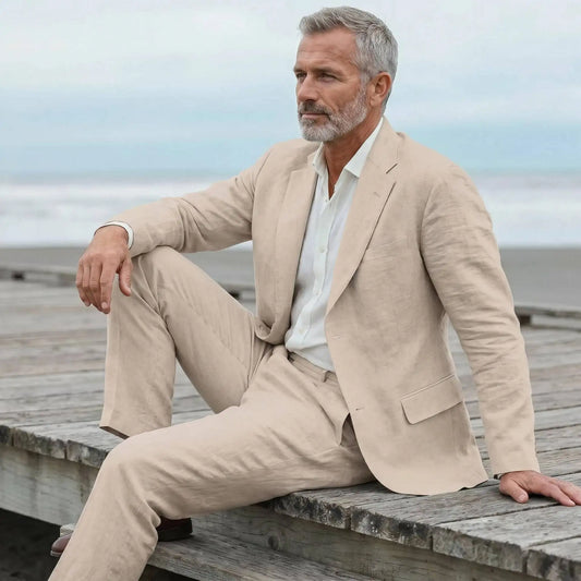 Men's linen casual men's beach party business suit two-piece wedding tailcoat set with split collar suit jacket and pants