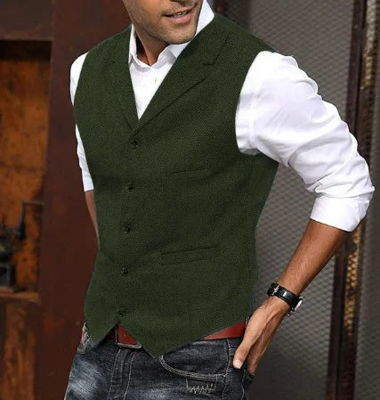 2026 Men's Business Woolen Suit Vest Fashionable British Retro Twill Vest Workwear Slim Fit Vest Elegant Classic Style Black
