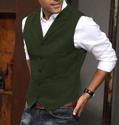 2026 Men's Business Woolen Suit Vest Fashionable British Retro Twill Vest Workwear Slim Fit Vest Elegant Classic Style Black