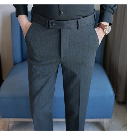 High Qualitys Wool Elastic Waist Striped Suit Pants Autumn Winter Thickening Men Business Slim Fit Social Casual Trousers Hommes