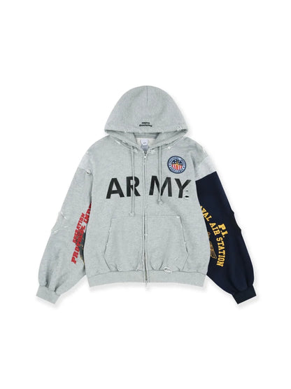 2026 Patchwork ARMY Vintage Damaged Cardigan Pullover Men Women Best Quality Hoodie