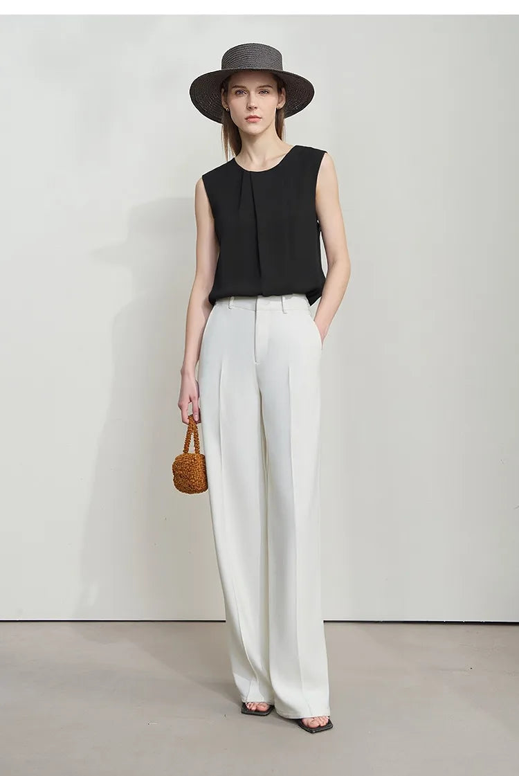 Sleeveless Women's Blouse 2026 Summer O-Neck Asymmetric Chiffon Top For Women Elegant Pleated Office Flowy Shirt 12642060