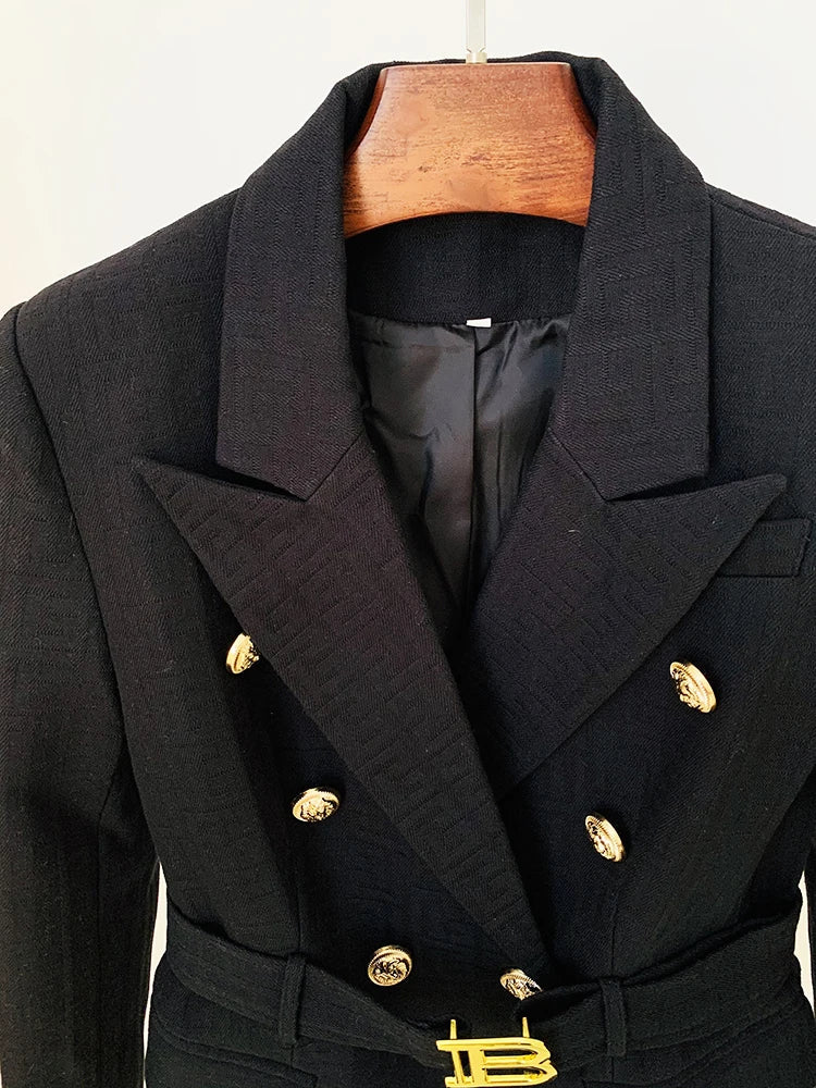 HIGH STREET Newest 2026 Designer Jacket Women's Double Breasted Lion Buttons Monogram Jacquard Belted Blazer