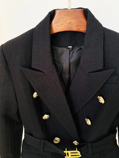 HIGH STREET Newest 2026 Designer Jacket Women's Double Breasted Lion Buttons Monogram Jacquard Belted Blazer