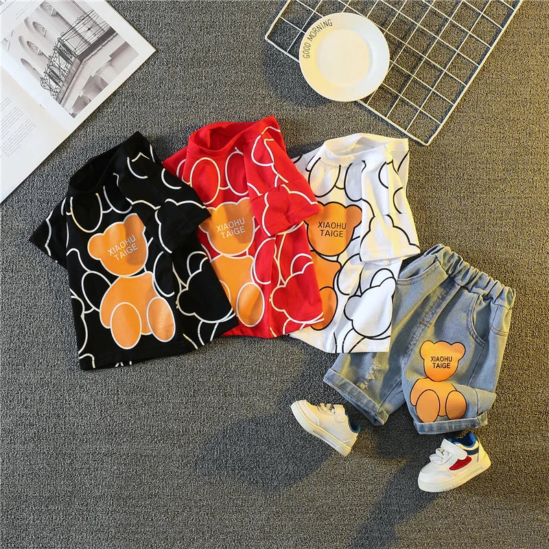 Summer Baby Boys Carttoon T-Shirt And Denim Shorts Set Toddler Infant Casual Clothing Outfit Kids Children's Clothing Suit