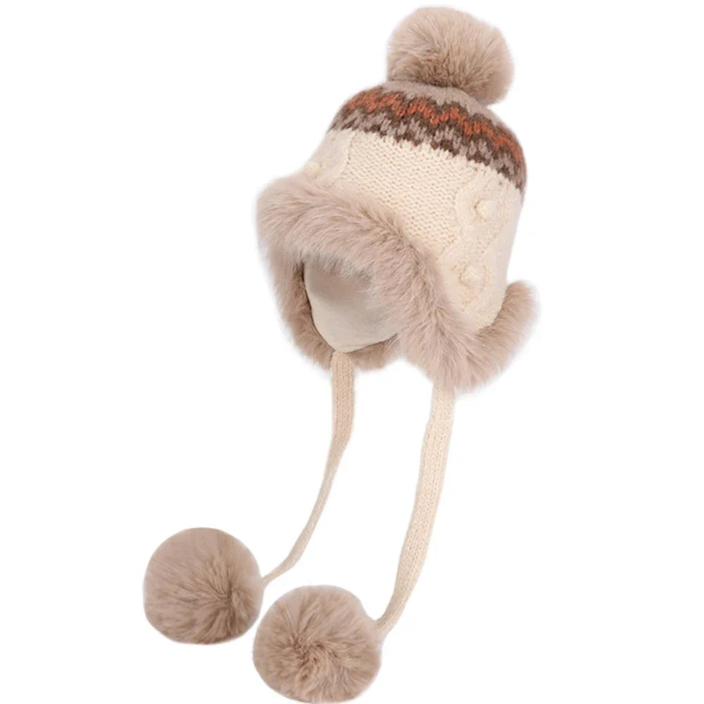 New Thick Warm Women Winter Hat Skullies Beanies Knitted Fur Hat Three Fur Ball Beanie Hat Female Earflap Cap Russian Hat