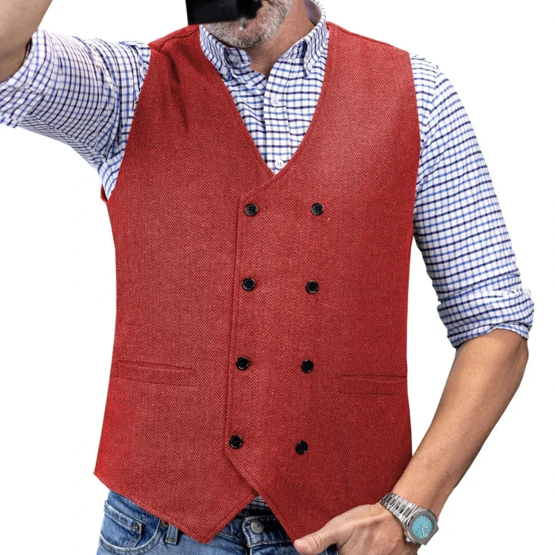 Men Vest Brown Herringbone Double Button Waistcoat For Wedding Birthday Banquet Party Business Office Work Men Suit Vest