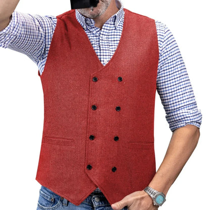 Men Vest Brown Herringbone Double Button Waistcoat For Wedding Birthday Banquet Party Business Office Work Men Suit Vest