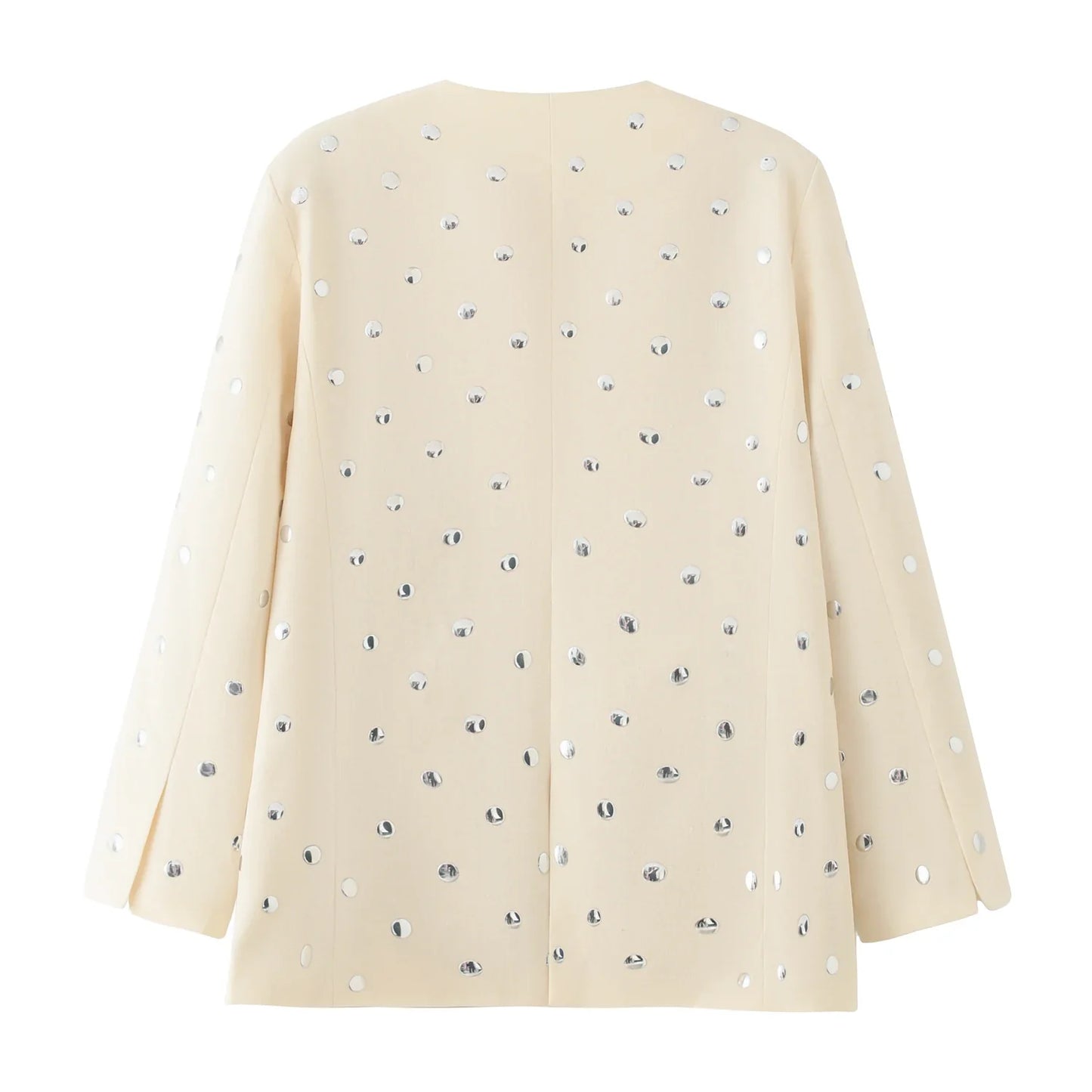 Women's Rivet Decoration Casual Blazer Long Sleeve V Neck Beige Spring Fall Coat