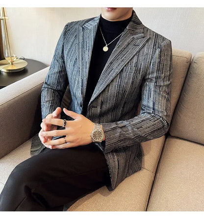 Fashion Meteor Line Checkered Elegant Suit Jacket Men Fashion De Luxe Business Slim Fit Single Breasted Social Party Dress Coats