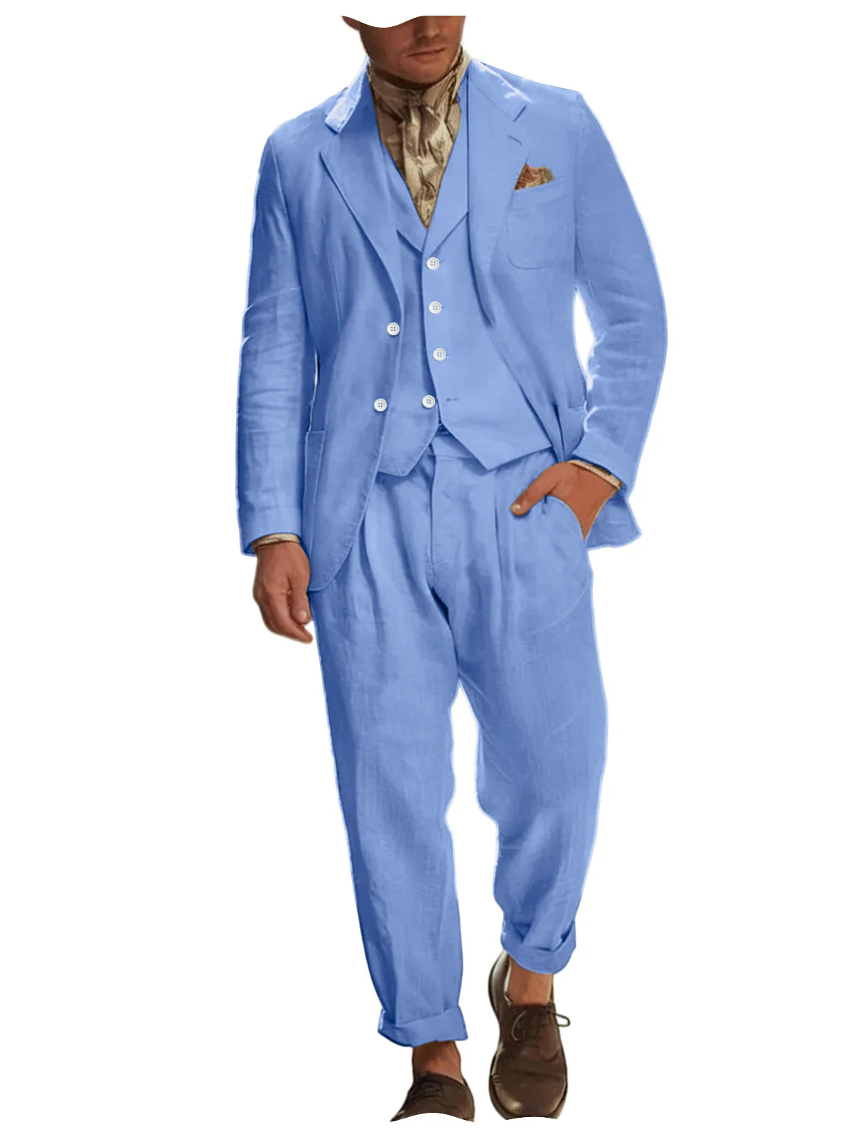 Italian Style Men's Linen 3 Piece Set Notch Lapel 2 buttons Blazer+Vest+Pants Breathable Lightweight Summer Casual Business Suit