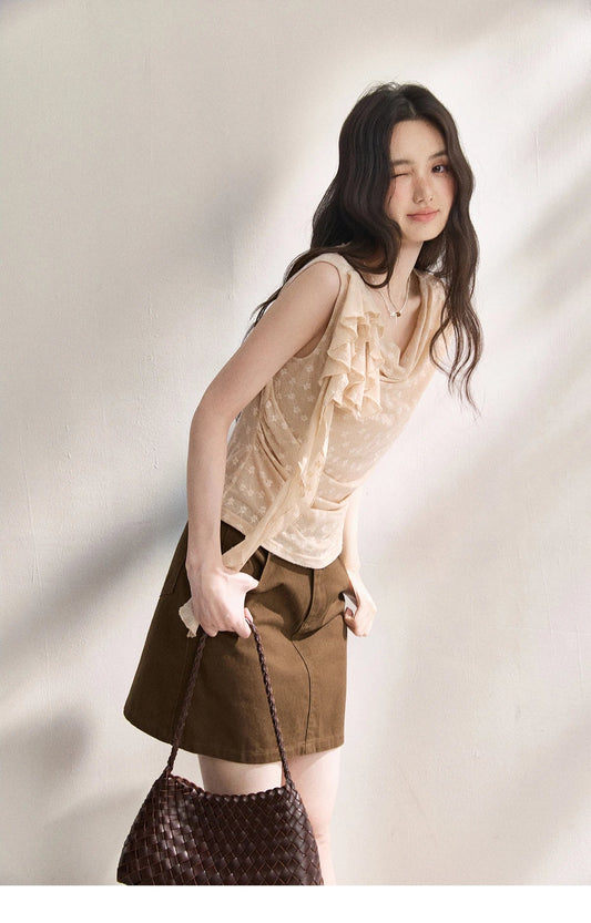 French Floral Lace Swing Neck Shirt For Women 2026 Summer New Pleated 3D Floral Ribbon Hazy Elegant Slim Top MXF24X2617