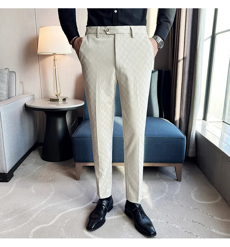 New Men Casual Plaid Suit Pants Fashion Men's Slim Fit Business Social Dress Pants Formal Wedding Social Party Male Trousers