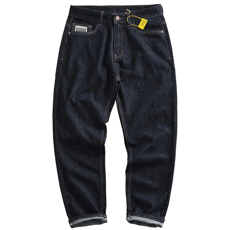 Anti-fading solid color general wash primary color denim jeans men's dark American casual loose straight cone pants