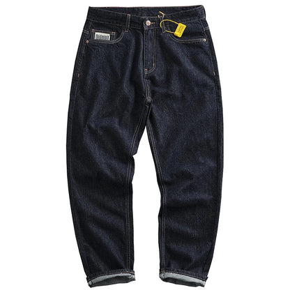 Anti-fading solid color general wash primary color denim jeans men's dark American casual loose straight cone pants