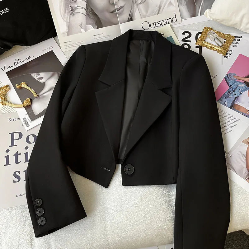Autumn Solid Color Cropped Suit Jacket for Women Turn Down Collar Single Button Blazer Female Casual Office Lady Blazers Coat