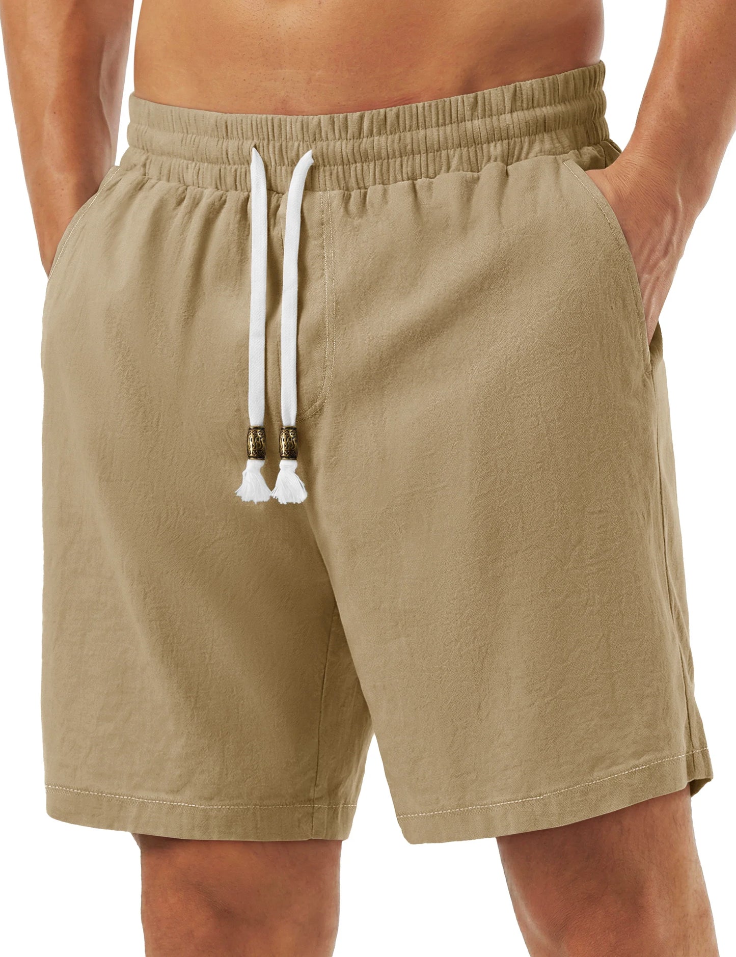 Men's Cotton Casual Shorts Loose Summer Beach Vacation Short Solid Pants with Deep Pockets Elastic Waist 7 Inch Inseam