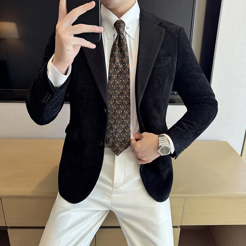 Autumn Winter Fashion Seaweed Pattern Suit Jacket High Quality Luxury Slim Fit Casual Men's Blazers Coats Social Prom Tuxedo