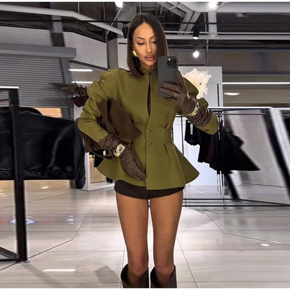 Chic Pleated Waist Cinched Women's Jacket V Neck Single Breasted Lace Up Blazer Coat Lady 2026 Casual Slim Commute Outerwear
