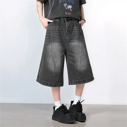 Vintage Washed Gradient Denim Mid-Rise Shorts with Streetwear Loose Wide Leg Fit for Summer Breathability