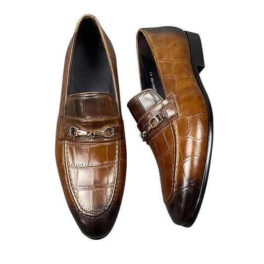 Men's Genuine Leather Loafers|Crocodile-Print Slip-On Shoes for Men|Pointed Toe Fashion Footwear|Comfortable Men's Dress Shoes